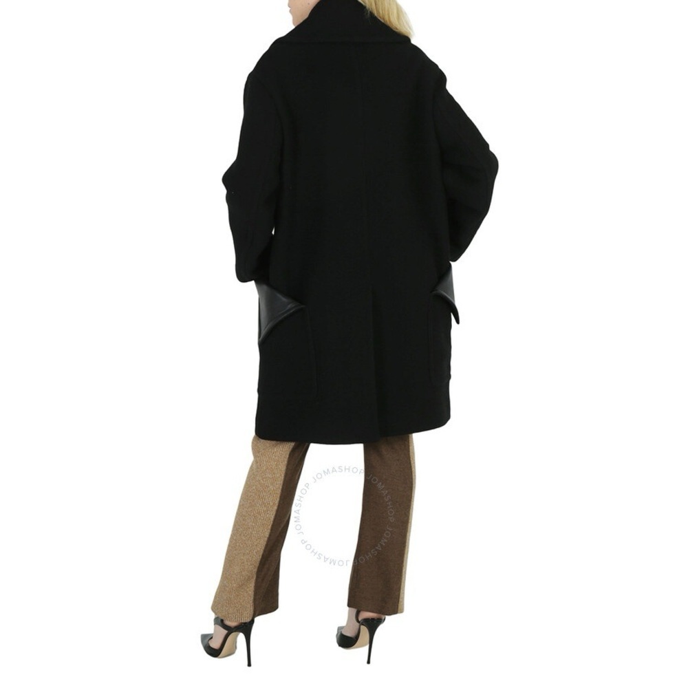 BURBERRY Wool Coat Oversized Notched Collar Leather Trim Black - Picture 4 of 11